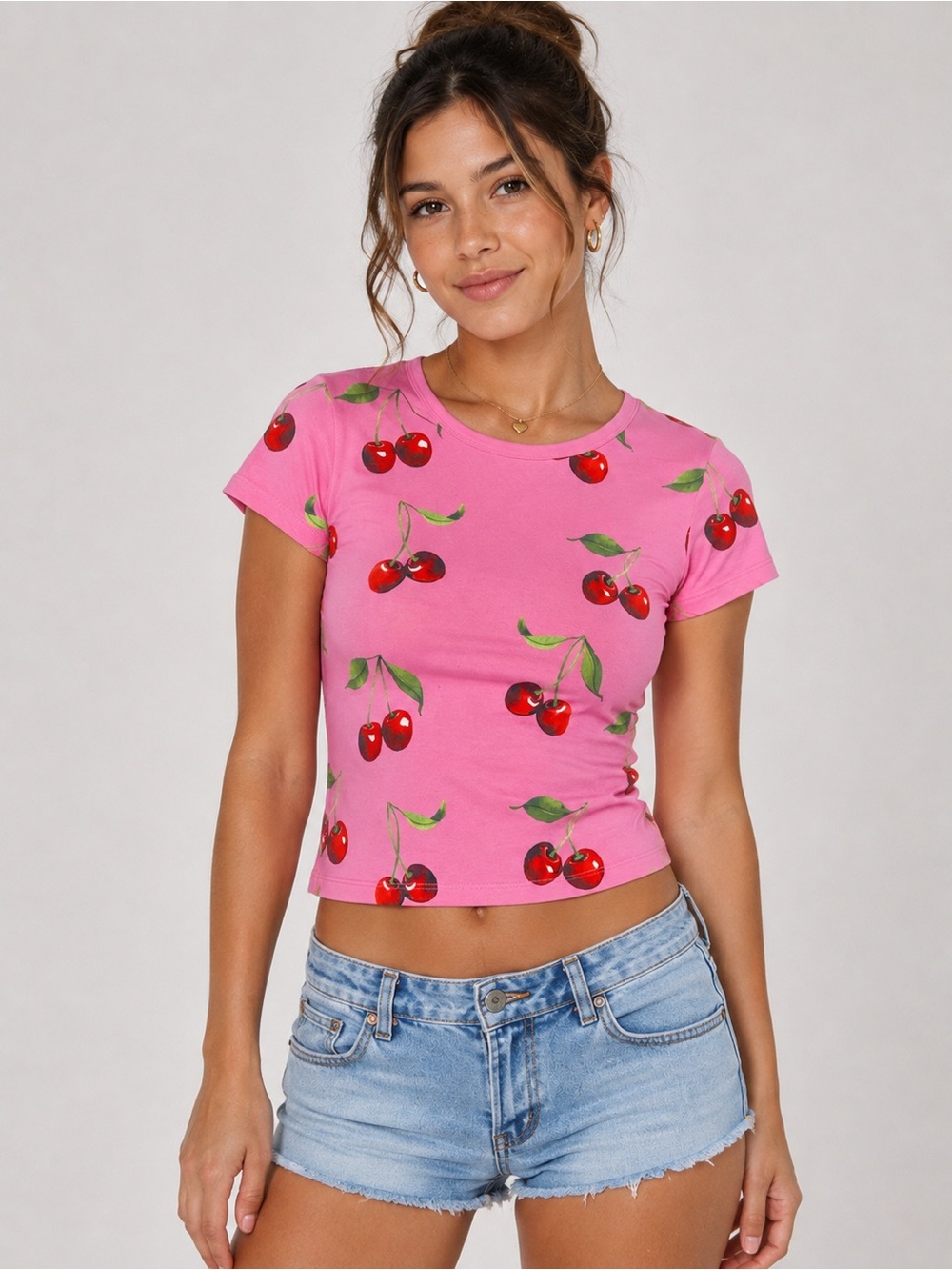 Urban Outfitters Women’s M Pink Babydoll Tee All Over Cherry Print 90s Colorful